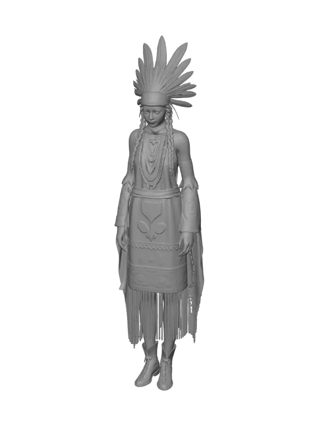 3D model for una india norteamericana con todo lujo de detalles base baja plumas vestido de epoca oeste y trenzas