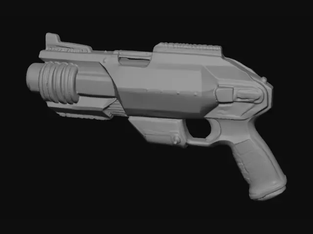 3D model for A futuristic dark grey blaster from a spaceship, featuring a robust, textured metallic or composite body with a slightly rough, matte finish. It possesses an elongated, tapered front, a blocky mid-section, and a prominent fin-like structure on top as well as two thick wires coming off the sides towards the back where they merge. Vibrant yellow-orange glowing rings and linear accents punctuate its design, contrasting with the deep charcoal base. A bright blue light emanates from the muzzle, indicating energy or firing capability, giving it a powerful, high-tech aesthetic.