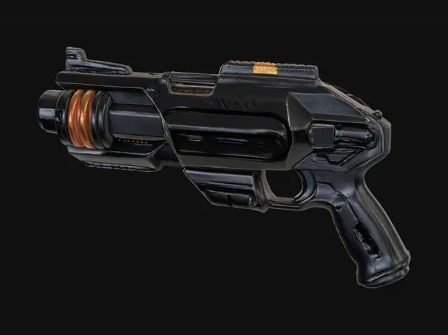 3D model for A futuristic dark grey blaster from a spaceship, featuring a robust, textured metallic or composite body with a slightly rough, matte finish. It possesses an elongated, tapered front, a blocky mid-section, and a prominent fin-like structure on top as well as two thick wires coming off the sides towards the back where they merge. Vibrant yellow-orange glowing rings and linear accents punctuate its design, contrasting with the deep charcoal base. A bright blue light emanates from the muzzle, indicating energy or firing capability, giving it a powerful, high-tech aesthetic.