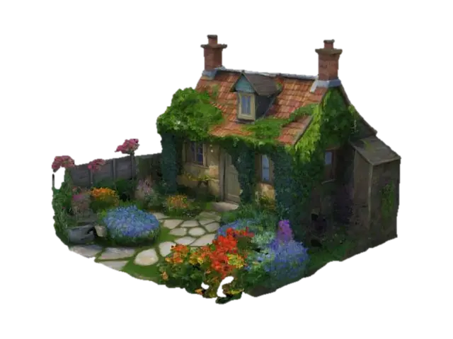Rustic Cottage Garden: A quaint garden surrounding a small cottage with ivy climbing… - Shed 3D model, vytvořený pomocí AI