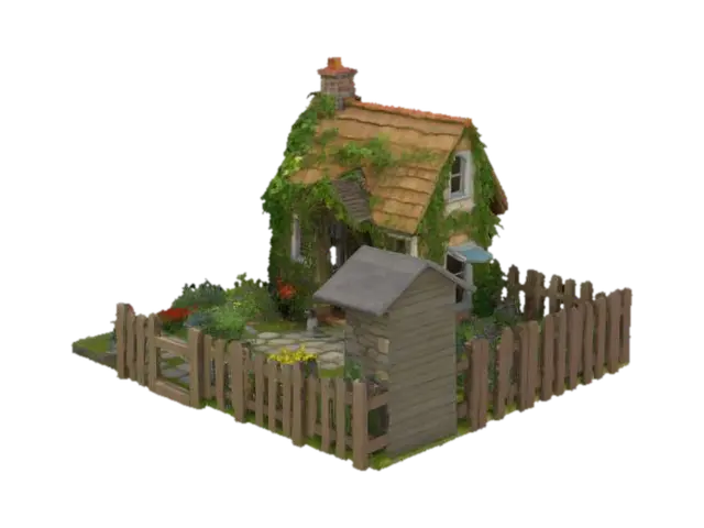 Rustic Cottage Garden: A quaint garden surrounding a small cottage with ivy climbing… - Shed 3D model, vytvořený pomocí AI