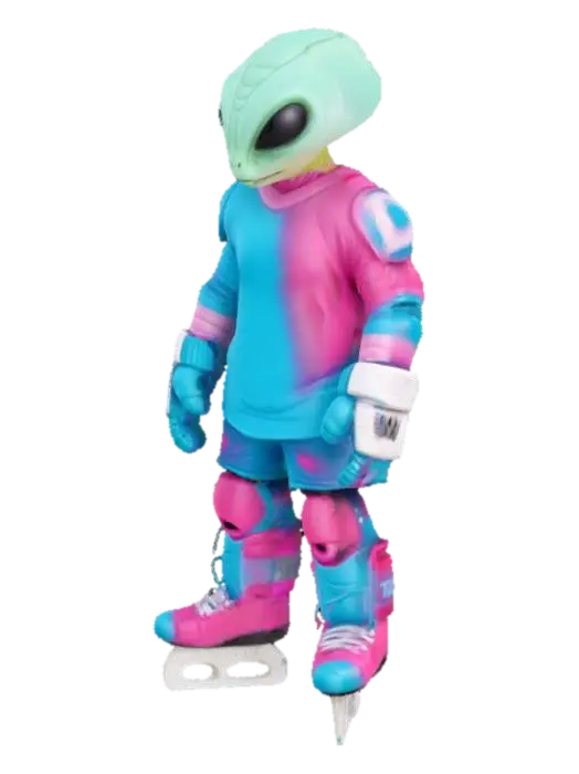 a space jam alien looking hockey player. game figure arms at their side. teal and pink 3D model, vytvořený pomocí AI