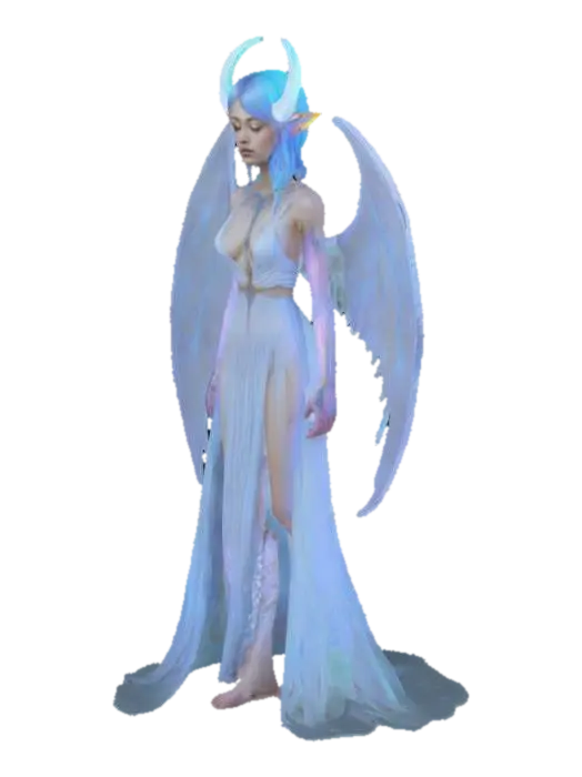 3D model for Twilight Guardian a powerful, serene, and mystical with intricate glowing bioluminescent tattoos adorning their arms, torso, and face complemented by delicate, crescent-moon shaped wings sprouting from their back that resembles the soft tones of dusk, bold, expressive pencil marks and subtle texture of the paper visible, conveying a sense of ethereal mysticism and quiet strength, with the Guardian's facial features illuminated by the soft lunar glow of their tattoos, eyes blue and full body