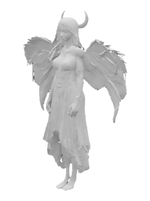 3D model for Twilight Guardian a powerful, serene, and mystical with intricate glowing bioluminescent tattoos adorning their arms, torso, and face complemented by delicate, crescent-moon shaped wings sprouting from their back that resembles the soft tones of dusk, bold, expressive pencil marks and subtle texture of the paper visible, conveying a sense of ethereal mysticism and quiet strength, with the Guardian's facial features illuminated by the soft lunar glow of their tattoos, eyes blue and full body