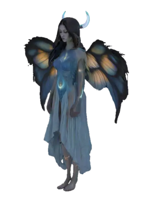 3D model for Twilight Guardian a powerful, serene, and mystical with intricate glowing bioluminescent tattoos adorning their arms, torso, and face complemented by delicate, crescent-moon shaped wings sprouting from their back that resembles the soft tones of dusk, bold, expressive pencil marks and subtle texture of the paper visible, conveying a sense of ethereal mysticism and quiet strength, with the Guardian's facial features illuminated by the soft lunar glow of their tattoos, eyes blue and full body