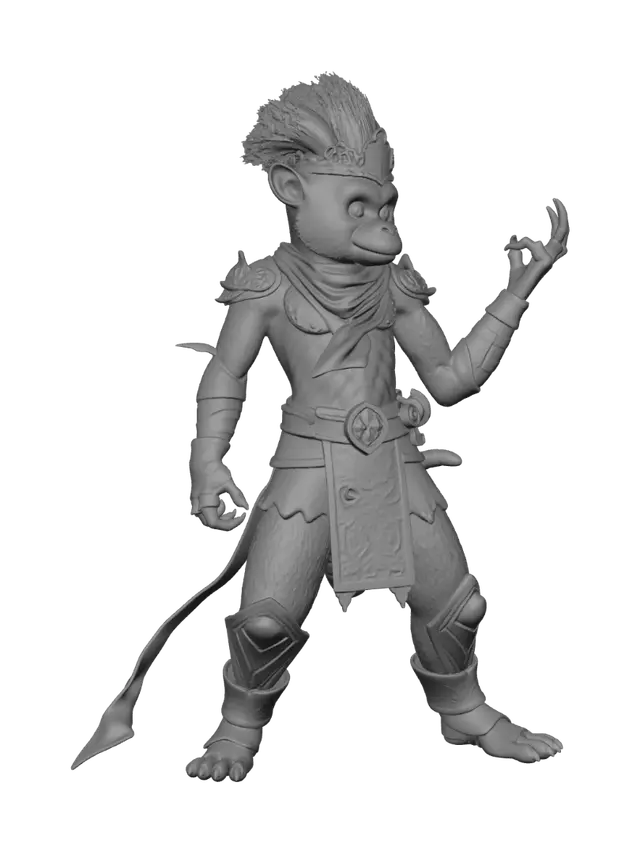 3D model for Create a stylized 3D game-ready Monkey King inspired by Journey to the West. Athletic build, expressive face, golden fur, amber eyes, ornate gold-and-red armor with Chinese patterns, flowing red sash, magical cloud scarf, armored boots, and the legendary Ruyi Jingu Bang staff. Heroic proportions with exaggerated silhouette, DreamWorks-quality appeal, dynamic hair tufts, detailed cloth folds, clean topology, PBR textures, optimized for real-time games, A-pose, separate staff mesh, high-quality facial details, adventurous and confident personality.