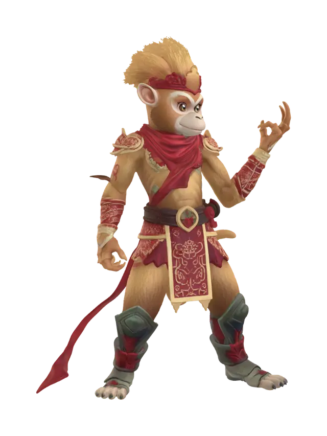 3D model for Create a stylized 3D game-ready Monkey King inspired by Journey to the West. Athletic build, expressive face, golden fur, amber eyes, ornate gold-and-red armor with Chinese patterns, flowing red sash, magical cloud scarf, armored boots, and the legendary Ruyi Jingu Bang staff. Heroic proportions with exaggerated silhouette, DreamWorks-quality appeal, dynamic hair tufts, detailed cloth folds, clean topology, PBR textures, optimized for real-time games, A-pose, separate staff mesh, high-quality facial details, adventurous and confident personality.