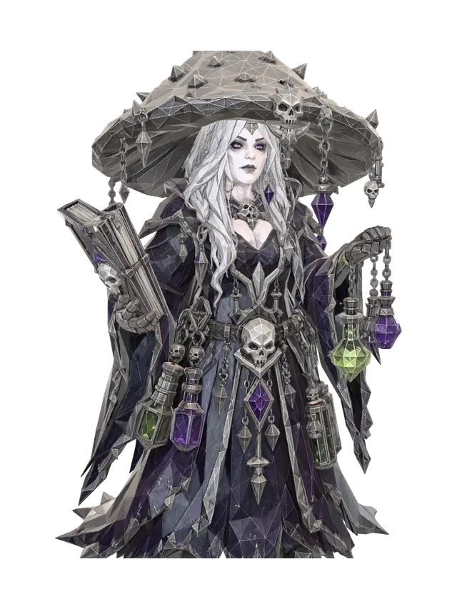 3D model for Low-poly dark fantasy gothic mushroom gnome character, The Witch, Destroying Angel pale white mushroom cap as hat, same stout gnome body proportions as the first image, feminine gothic robes in deep purple and ash grey, holding a dark spell tome and glowing poison potion vials, bone white and silver accessories, gothic skull motifs, chains, glowing green and purple gem accents, dramatic rim lighting, sharp edges no blur, PBR materials, Unreal Engine 5 render style, clean white background, full body character, isometric view, sharp faceted low-poly geometry, same muted dark color palette and style as reference