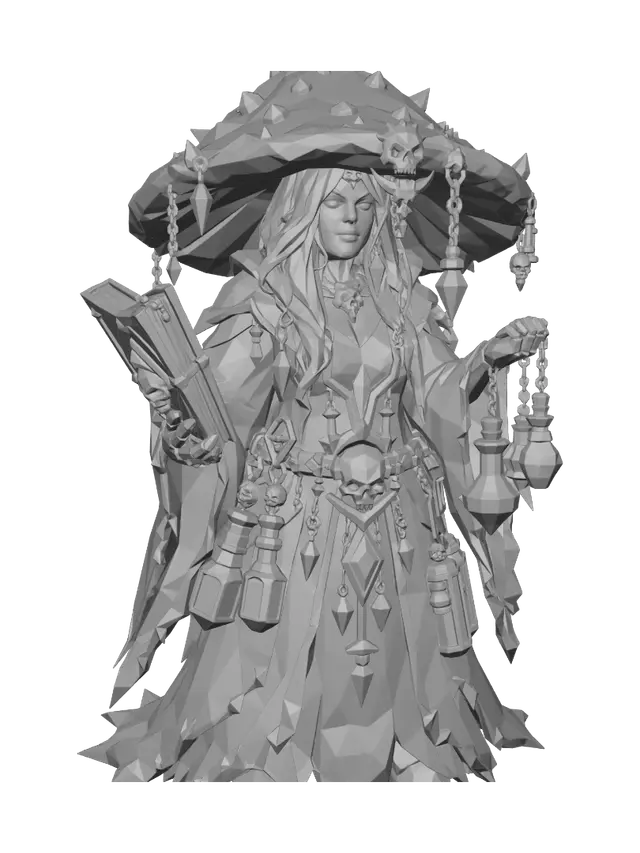 3D model for Low-poly dark fantasy gothic mushroom gnome character, The Witch, Destroying Angel pale white mushroom cap as hat, same stout gnome body proportions as the first image, feminine gothic robes in deep purple and ash grey, holding a dark spell tome and glowing poison potion vials, bone white and silver accessories, gothic skull motifs, chains, glowing green and purple gem accents, dramatic rim lighting, sharp edges no blur, PBR materials, Unreal Engine 5 render style, clean white background, full body character, isometric view, sharp faceted low-poly geometry, same muted dark color palette and style as reference