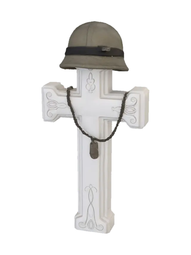 a white cross with hanging dog tag , and t0p helmet - Hanger 3D model, vytvořený pomocí AI