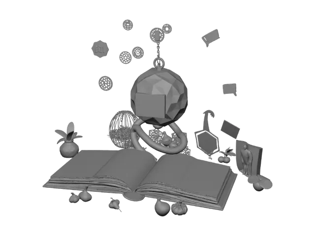 3D model for A highly detailed 3D collectible sculpture called "Net Positive Flow". Layered spiral terraces carry floating AI symbols, open books, shared meal icons, and glowing conversation markers, expressing personal growth benefiting a community. A restored 1976 vintage group photo shines within a faceted crystal. Curved garden beds, gift onions, family figures, and a softly glowing novel create a warm ending. Photorealistic textures, golden evening light, organic flowing forms, emotional storytelling, optimized for Text-to-3D generation.