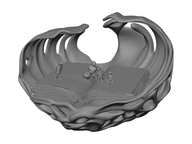 3D model for A highly detailed 3D collectible sculpture called "Half-Year Reflection". Flowing layered forms cradle an open book, AI media panels, and organized digital folders, symbolizing learning and thoughtful sharing. A restored childhood office photo glows inside a faceted crystal, linking memory with purpose. Miniature family figures prepare curry together, replace batteries, and stroll across a gently curved lawn. Soft light radiates from a calm study, expressing recovery, gratitude, and steady progress. Photorealistic textures, warm evening glow, organic flowing design, emotional storytelling, optimized for Text-to-3D generation.