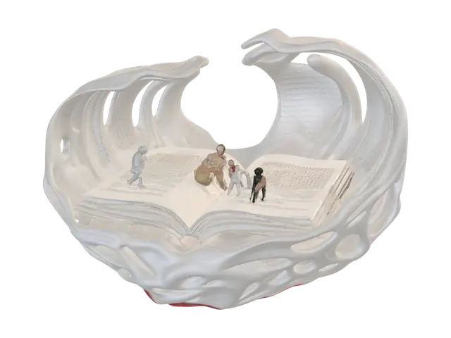 3D model for A highly detailed 3D collectible sculpture called "Half-Year Reflection". Flowing layered forms cradle an open book, AI media panels, and organized digital folders, symbolizing learning and thoughtful sharing. A restored childhood office photo glows inside a faceted crystal, linking memory with purpose. Miniature family figures prepare curry together, replace batteries, and stroll across a gently curved lawn. Soft light radiates from a calm study, expressing recovery, gratitude, and steady progress. Photorealistic textures, warm evening glow, organic flowing design, emotional storytelling, optimized for Text-to-3D generation.