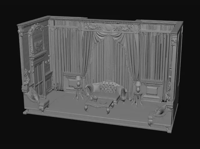 3D model for Victorian theatre stage set interior, luxury flat apartment room, 10 meter wide stage, 9 meter deep stage, 5 meter tall backdrop, two entrance doors, sofa, tea table, chairs, bookshelf, wallpaper, warm theatre lighting, Oscar Wilde The Importance of Being Earnest Act 1 inspired, clean 3D model
