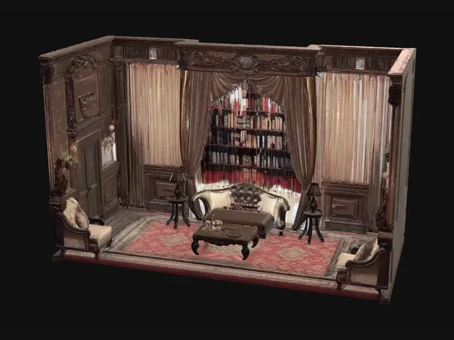 3D model for Victorian theatre stage set interior, luxury flat apartment room, 10 meter wide stage, 9 meter deep stage, 5 meter tall backdrop, two entrance doors, sofa, tea table, chairs, bookshelf, wallpaper, warm theatre lighting, Oscar Wilde The Importance of Being Earnest Act 1 inspired, clean 3D model