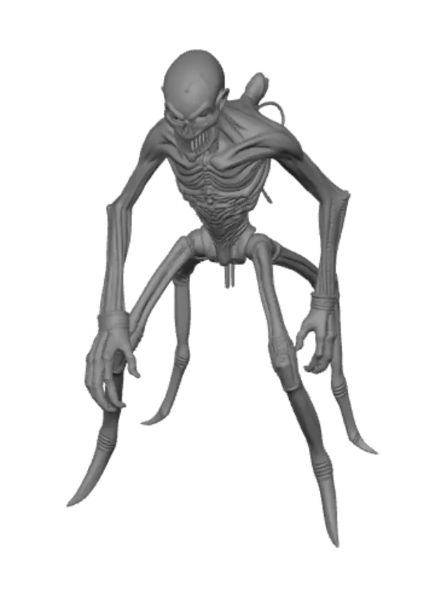 3D model for Silhouette: A four-legged, awkwardly jointed silhouette that immediately stands out from the upright-standing infected.

Visuals: A low-slung, long-limbed worker from the mining/tunnel crews. A hand-drill is fused in place of one hand; his joints are unnaturally bent for crawling through narrow vents, and his skin is soot-black from coal dust.

Lore: The chain harness he wore to be pulled out of cave-ins has grown into his spine. He still drags himself forward using his hands, as if forever tied to something in the dark.

Behavior: Stealthy approach through vents/pipes, ambushes; sudden leap-and-grab attacks.

Audio: Skittering + scraping.

Threat Level: Medium — Catches unprepared players off guard.