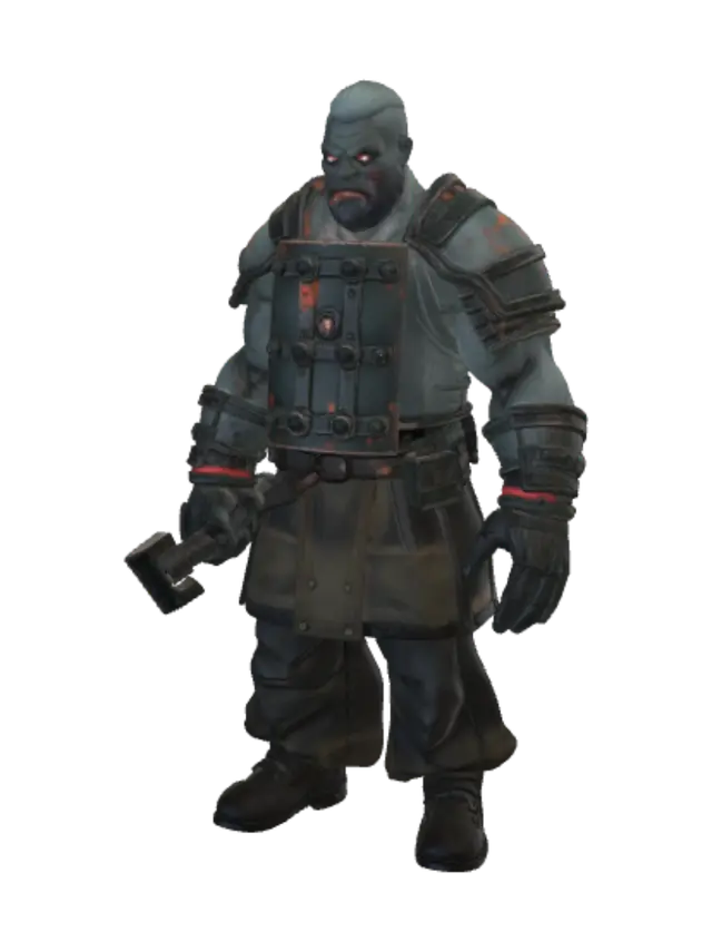 3D model for Silhouette: A massive, hulking figure instantly distinguishable from the Grunt even from afar.

Visuals: A giant furnace-keeper. His arm is fused into a single mass with the furnace grate and sledgehammer he once used to shovel slag. A cast-iron chest plate, growing directly from the furnace door he pried open himself, serves as his chest armor.

Lore: He fed the furnace during the night shift for twenty years. The Tinder claimed him right in front of the furnace door; the door fused to his chest, the shovel to his arm.

Behavior: Slow and relentless. Heavy swings + ground slam shockwave.

Audio: Deep, heavy breathing + scraping metal.

Threat Level: High — Requires AP Ammo / hitting his weak point (§9/§4C).