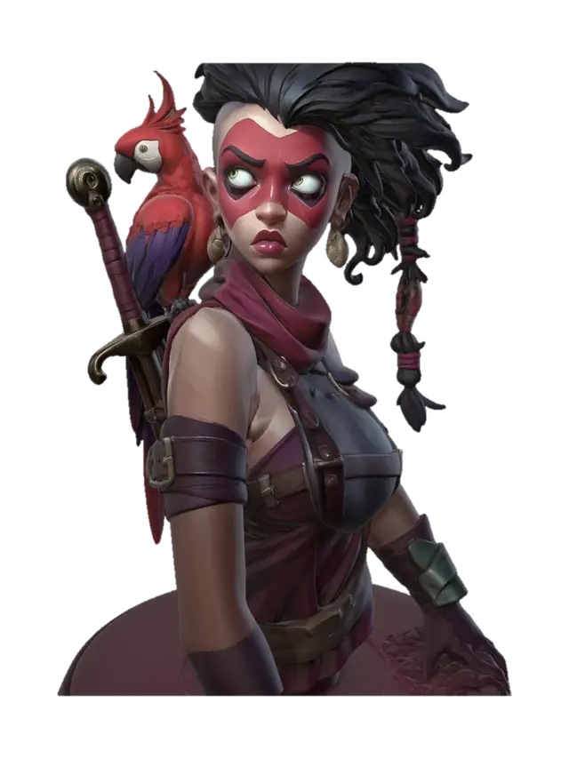 Crimson Masked Huntress and Parrot 3D model, vytvořený pomocí AI