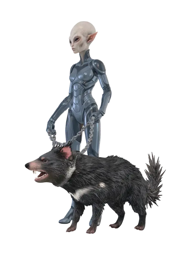 Alien Huntress with Tasmanian Devil - Femalefighter 3D model, vytvořený pomocí AI