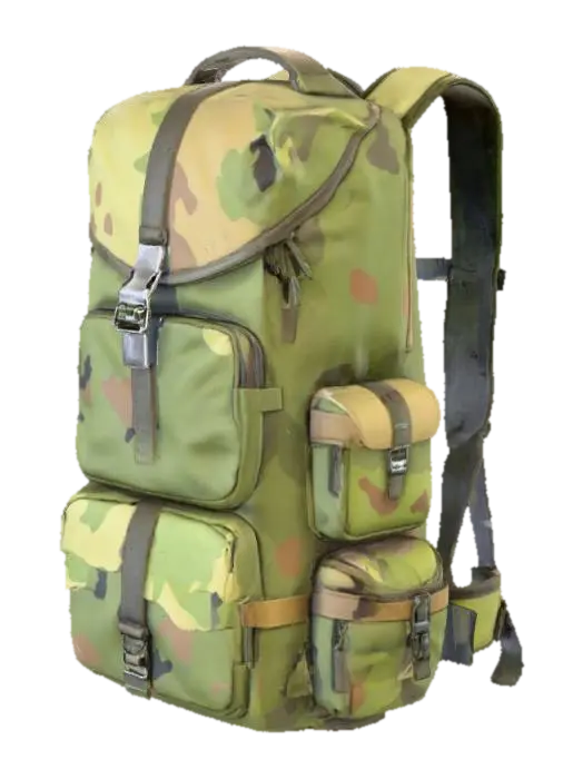 3D model for Mochila de aventureiro cheia de bolbosos com varias cores camufladas