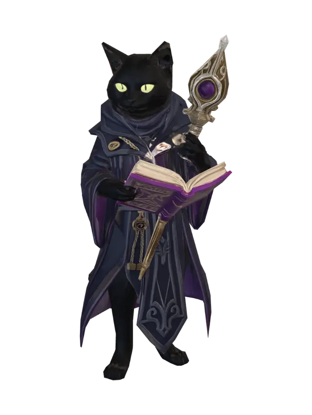 Un gato negro en postura antropomórfica con túnica de magia arcana, con una vara… - Mago 3D model, vytvořený pomocí AI