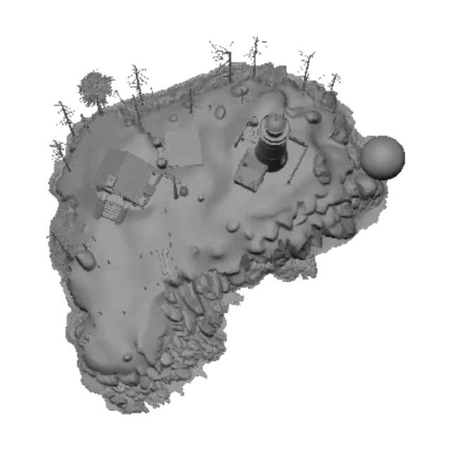 3D model for Create a realistic abandoned lighthouse island for a horror exploration game.

The island should be medium-sized, approximately 3–5 times larger than the lighthouse, allowing 10–15 minutes of exploration. The lighthouse should stand on a tall cliff near one side of the island, not in the center.

The island should include:
- Rocky coastline
- Dead forest
- Winding dirt paths
- Small abandoned dock
- Broken wooden bridge
- One abandoned cabin
- Hidden cave
- Small graveyard
- Moss-covered rocks
- Rusty fences
- Old barrels and crates
- Thick fog
- Wet ground
- Dark ocean surrounding the island

The lighthouse should be tall, weathered, with broken windows, rusty railings, cracked stone walls, and a rotating lantern.

Style:
Photorealistic, cinematic horror, rainy night, realistic lighting,