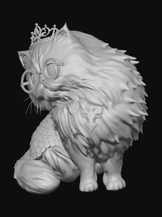 3D model for Highly detailed 3D model of Princess Donut from Dungeon Crawler Carl: a glamorous, sassy tortoiseshell Persian cat. Fluffy long fur in black, beige, and white patches, flat squished face, huge expressive golden-yellow eyes full of diva attitude. Slightly chonky regal body, poofy tail. Wearing a sparkling jeweled tiara on her head, large round bug-eye sunglasses on her flat nose, and a small silver scale armor skirt on her back half. Desperado Pass glowing gold tattoo on right shoulder blade visible through fur. 

Cute yet majestic sitting pose, head tilted arrogantly, cinematic fantasy style with magical sparkles. Ultra-realistic fur texture, sharp details, high quality 3D character asset. --stylize 200