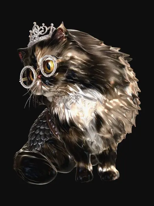 3D model for Highly detailed 3D model of Princess Donut from Dungeon Crawler Carl: a glamorous, sassy tortoiseshell Persian cat. Fluffy long fur in black, beige, and white patches, flat squished face, huge expressive golden-yellow eyes full of diva attitude. Slightly chonky regal body, poofy tail. Wearing a sparkling jeweled tiara on her head, large round bug-eye sunglasses on her flat nose, and a small silver scale armor skirt on her back half. Desperado Pass glowing gold tattoo on right shoulder blade visible through fur. 

Cute yet majestic sitting pose, head tilted arrogantly, cinematic fantasy style with magical sparkles. Ultra-realistic fur texture, sharp details, high quality 3D character asset. --stylize 200