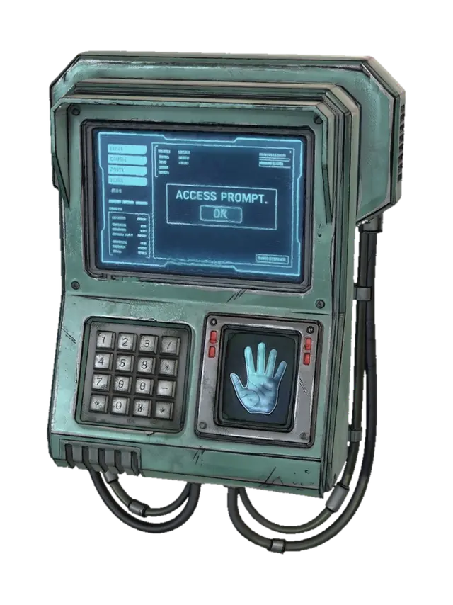 small futuristic laboratory control panel, wall mounted sci-fi interaction device,… - Keyboard 3D model, vytvořený pomocí AI