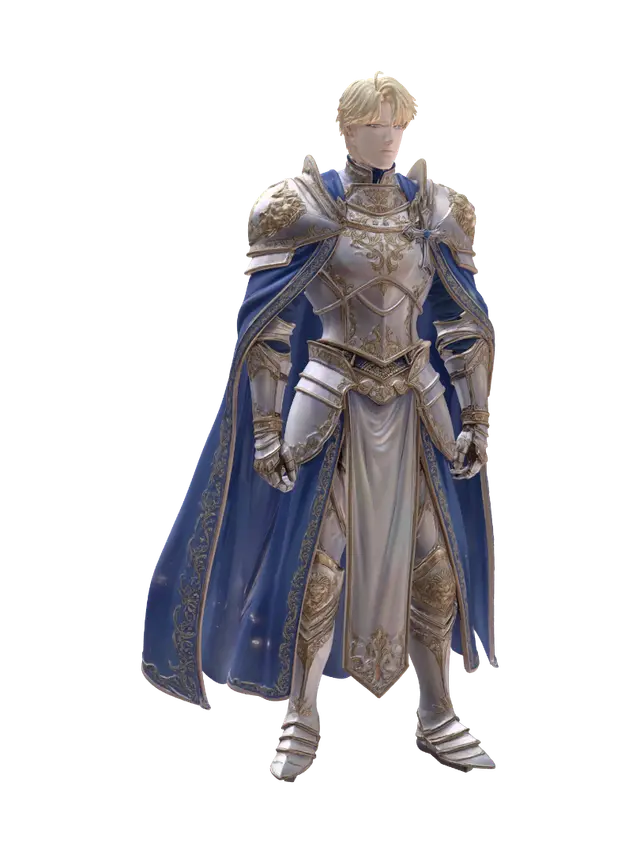 3D model for A full body and bust and profile character sheet for a very almost beautiful attractive blond male paladin done in Korean manhua otome style in a gorgeous white, blue, and gold paladin ceremonial outfit, per the bulk of the images, with a pensive facial expression. One eye is red, one is blue.