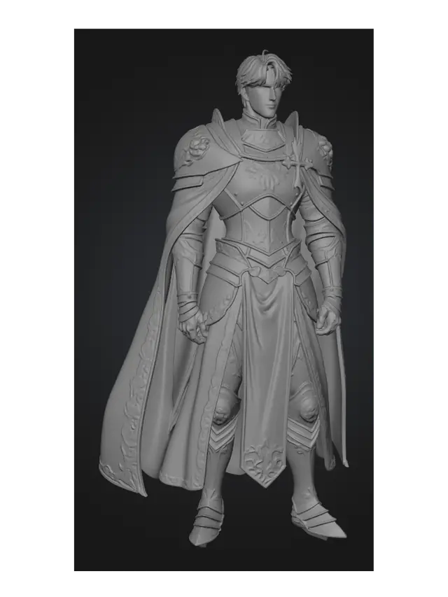 3D model for A full body and bust and profile character sheet for a very almost beautiful attractive blond male paladin done in Korean manhua otome style in a gorgeous white, blue, and gold paladin ceremonial outfit, per the bulk of the images, with a pensive facial expression. One eye is red, one is blue.