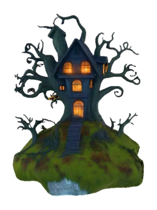 spooky haunted house shaped like a tree on a hill, glowing windows, cartoon, game… - Ready 3D model, vytvořený pomocí AI