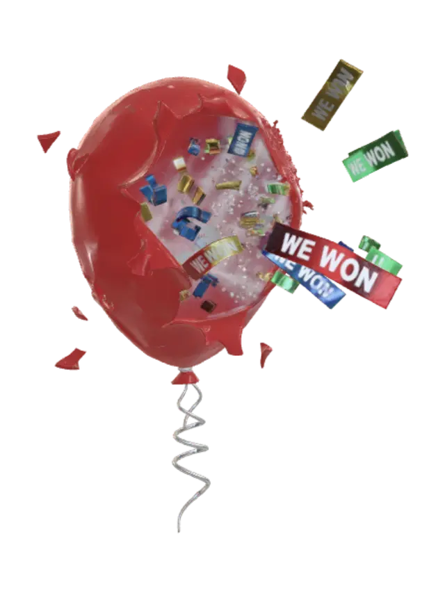 an exploded cartoon balloon on a string shooting out confetti that says WE WON, ultra…-3D-modell, genererad av AI