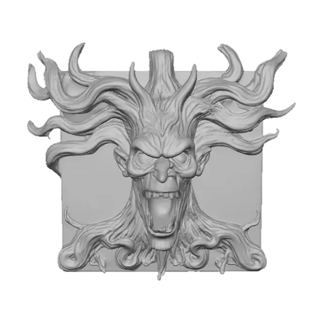 3D model for #Halloween2025#, spooky scary tree face engraved on a flat wall plaque, Halloween, baroque, ultra realistic, 8k