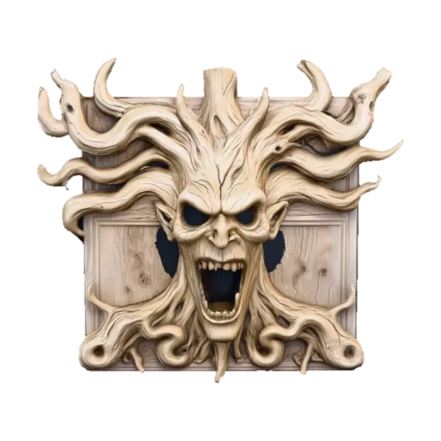 3D model for #Halloween2025#, spooky scary tree face engraved on a flat wall plaque, Halloween, baroque, ultra realistic, 8k