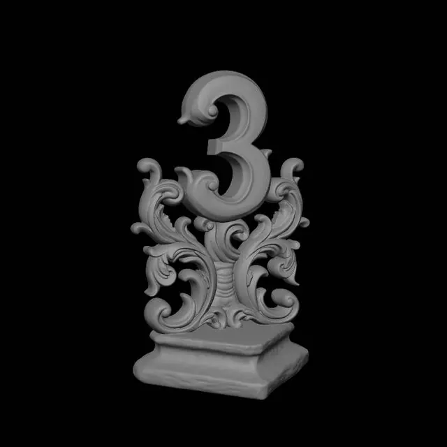 3D model for fancy elaborate ice sculpture with the number 3 on top, baroque, ultra realistic textures, 8k