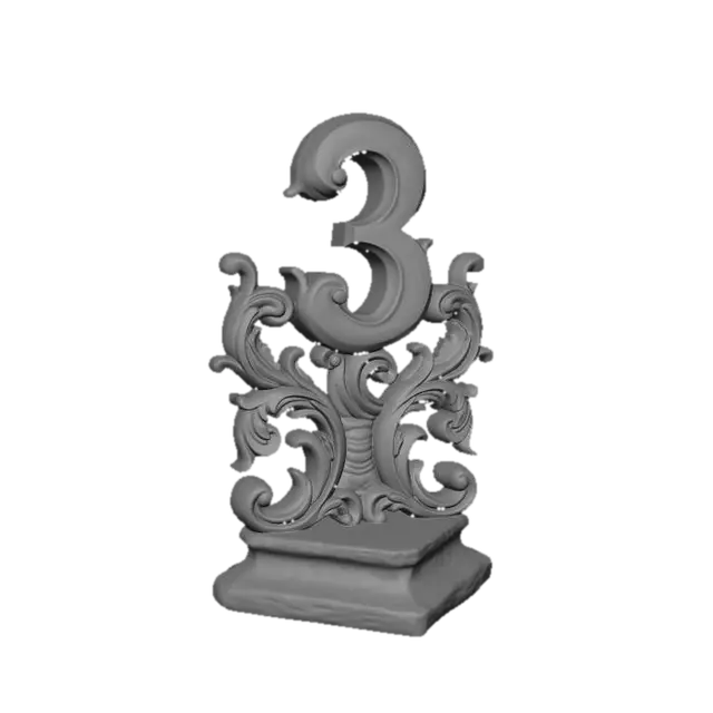 3D model for fancy elaborate ice sculpture with the number 3 on top, baroque, ultra realistic textures, 8k