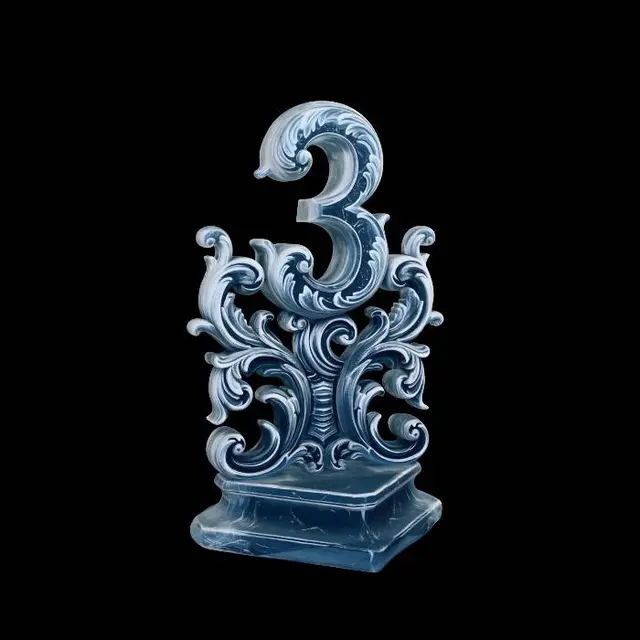 3D model for fancy elaborate ice sculpture with the number 3 on top, baroque, ultra realistic textures, 8k