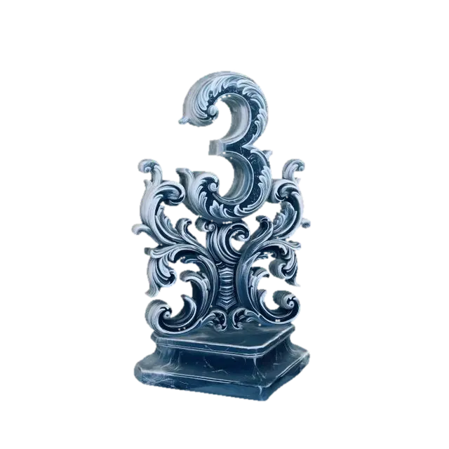 3D model for fancy elaborate ice sculpture with the number 3 on top, baroque, ultra realistic textures, 8k