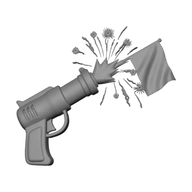 3D model for toy cartoon gun shooting fireworks with a flag out the end that says GO TEAM, ultra realistic textures, 8k