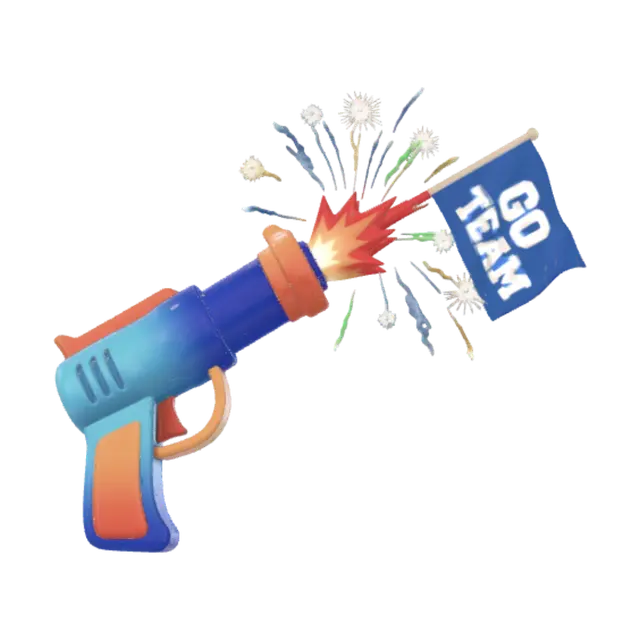 3D model for toy cartoon gun shooting fireworks with a flag out the end that says GO TEAM, ultra realistic textures, 8k