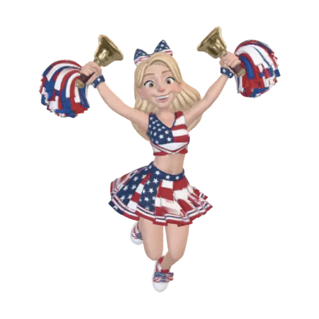 3D model for female cartoon cheerleader ringing hand held bells with handles, ultra realistic USA flag textures, 8k