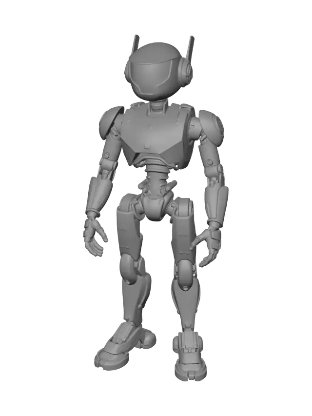 3D model for make for me friendly character, , humanoid robot character, mid-poly stylized industrial realism, hybrid of Satisfactory clean retro-future and Wall-E friendly robot; rounded chunky masses, readable silhouette, no micro-detail, beveled edges, thick sturdy parts, no thin fragile elements; flat uniform colors (gray-blue body, light bone plating, dark graphite joints, orange accents), minimal flat texture, no grunge or rust or noise; standing straight in a clean symmetric T-pose, arms straight out horizontally, legs straight and slightly apart, face pointing forward; full body, game-ready clean geometry; NOT photorealistic, NOT cel-shaded, no outlines