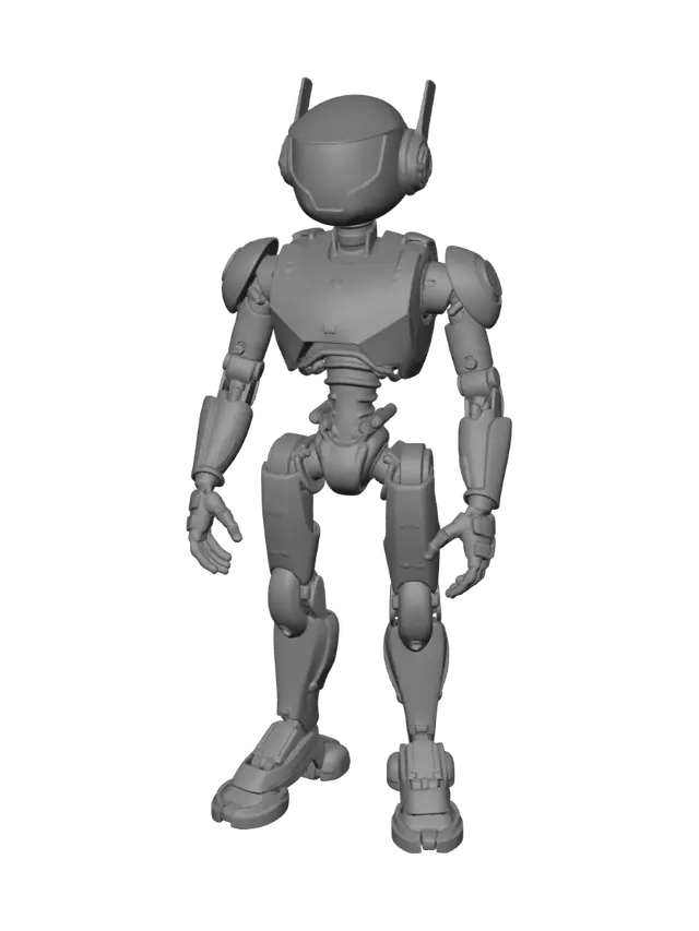 3D model for make for me friendly character, , humanoid robot character, mid-poly stylized industrial realism, hybrid of Satisfactory clean retro-future and Wall-E friendly robot; rounded chunky masses, readable silhouette, no micro-detail, beveled edges, thick sturdy parts, no thin fragile elements; flat uniform colors (gray-blue body, light bone plating, dark graphite joints, orange accents), minimal flat texture, no grunge or rust or noise; standing straight in a clean symmetric T-pose, arms straight out horizontally, legs straight and slightly apart, face pointing forward; full body, game-ready clean geometry; NOT photorealistic, NOT cel-shaded, no outlines