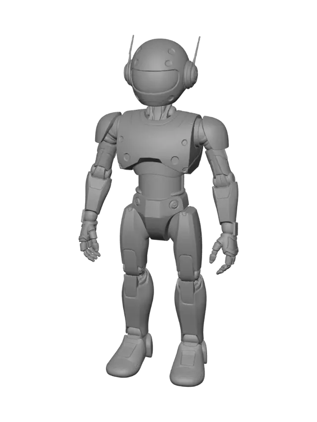 3D model for make for me friendly character, , humanoid robot character, mid-poly stylized industrial realism, hybrid of Satisfactory clean retro-future and Wall-E friendly robot; rounded chunky masses, readable silhouette, no micro-detail, beveled edges, thick sturdy parts, no thin fragile elements; flat uniform colors (gray-blue body, light bone plating, dark graphite joints, orange accents), minimal flat texture, no grunge or rust or noise; standing straight in a clean symmetric T-pose, arms straight out horizontally, legs straight and slightly apart, face pointing forward; full body, game-ready clean geometry; NOT photorealistic, NOT cel-shaded, no outlines