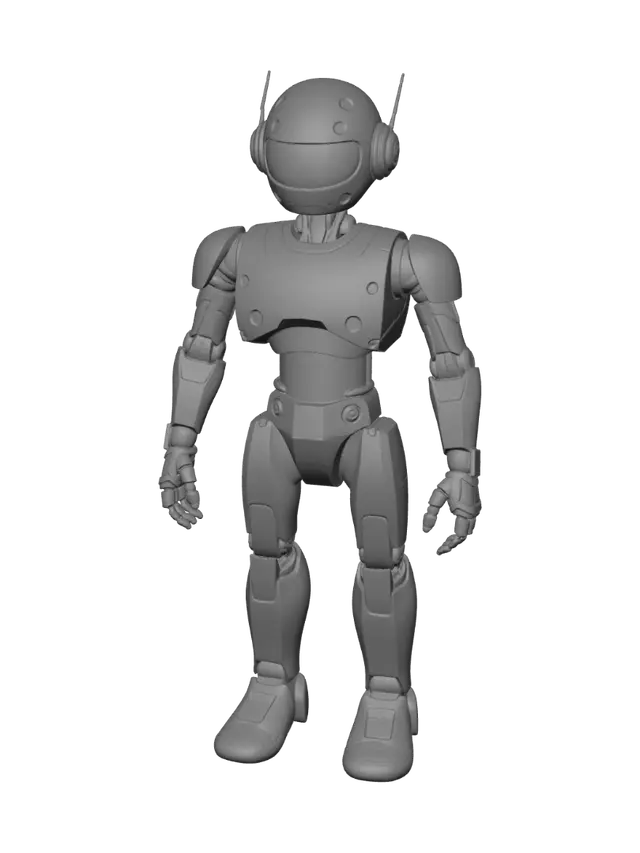 3D model for make for me friendly character, , humanoid robot character, mid-poly stylized industrial realism, hybrid of Satisfactory clean retro-future and Wall-E friendly robot; rounded chunky masses, readable silhouette, no micro-detail, beveled edges, thick sturdy parts, no thin fragile elements; flat uniform colors (gray-blue body, light bone plating, dark graphite joints, orange accents), minimal flat texture, no grunge or rust or noise; standing straight in a clean symmetric T-pose, arms straight out horizontally, legs straight and slightly apart, face pointing forward; full body, game-ready clean geometry; NOT photorealistic, NOT cel-shaded, no outlines