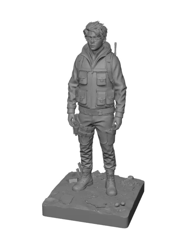 3D model for Anh kỹ sư trẻ tuổi tầm 18 đẹp trai, đeo kính khoác balo công cụ vẻ mặt trầm tư bí ẩn. Bối cảnh hậu tận thế dáng đứng nhìn xa xăm mô hình 1/35
