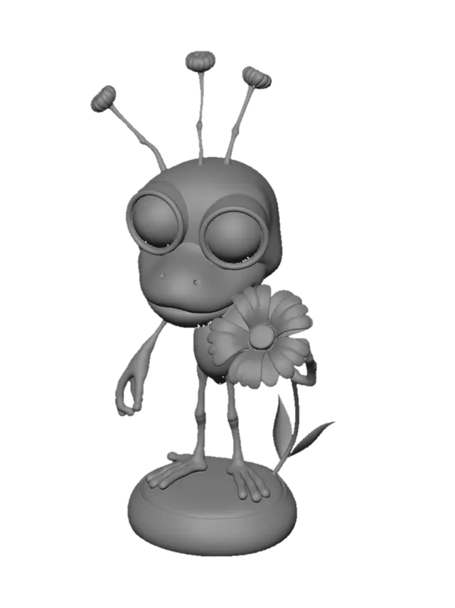 3D model for Create a creature that is made of grass and twigs and flower stems but has huge eyes and little feelers, long skinny and gnarley fingers and a little pouty mouth. It is standing in front of a pretty flower and smelling it. All of this should be on a round 2 tone base.