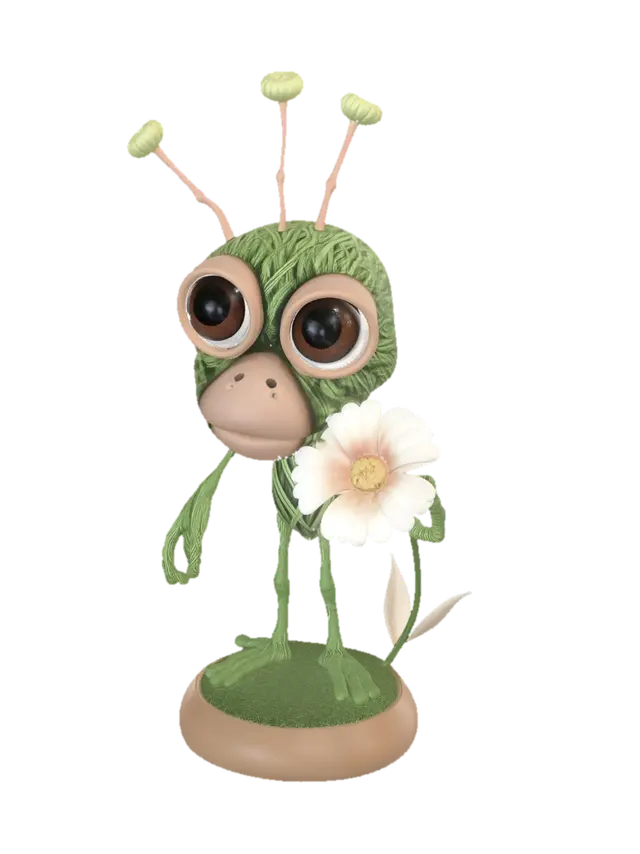 3D model for Create a creature that is made of grass and twigs and flower stems but has huge eyes and little feelers, long skinny and gnarley fingers and a little pouty mouth. It is standing in front of a pretty flower and smelling it. All of this should be on a round 2 tone base.