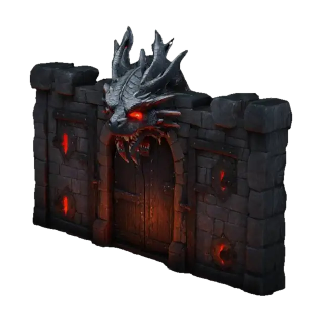 donjon doors, dark age, glowing, high quality, head of dragon on the top, red… - Highquality 3D model, vytvořený pomocí AI
